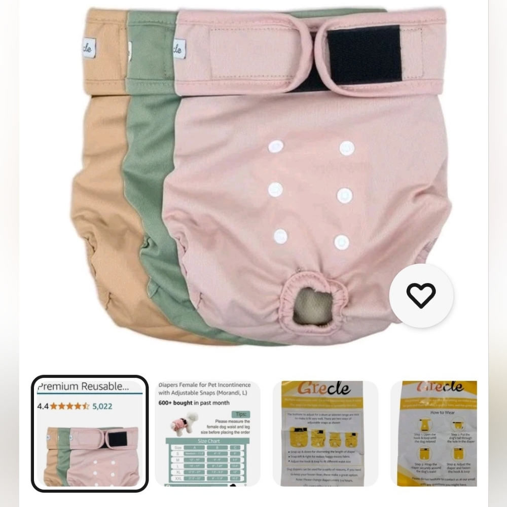 New Grecle 3 Pack Washable Female Dog Premium Diapers Sz L